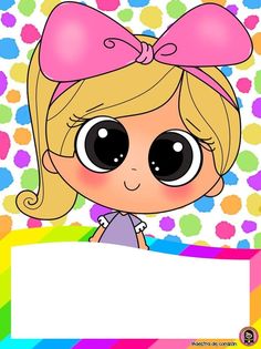 a cartoon girl with big eyes and a pink bow on her head holding a sign