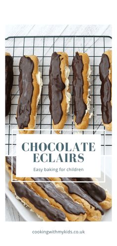 chocolate eclairs on a cooling rack with text overlay