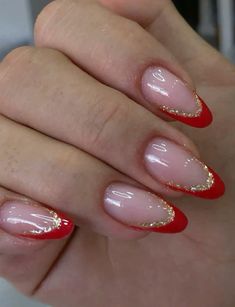 Red French With Gold Line, Nail Ideas Red French Tips, Red French Tip Nails With Gold Line, Red Birthday Nail Ideas, Nails For Christmas Red, Nail Inspo Red French Tip, Red French Tip With Gold Line, Red French Tip Nails With Gold, Christmas Acrylic Almond Nails