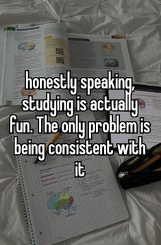 an open book with writing on it and the words honesty speaking, studying is actually fun