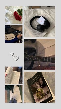 several different pictures with some books and headphones on top of each other, including an open book