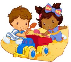 two children are playing in a toy car on the beach, one is holding a spoon