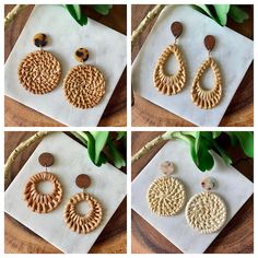 four pictures of different types of earrings on top of a white paper towel next to green plants