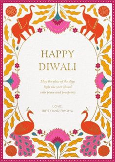 a card with the words happy diwali and two peacocks in an ornate frame