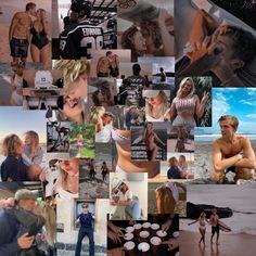 a collage of photos with people on the beach and one man in swimsuit