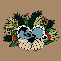 two hands holding a heart with flowers and butterflies around it