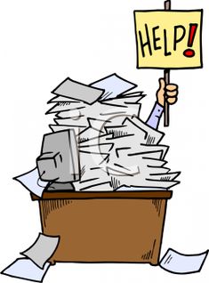 a man holding a sign that says help in front of a pile of papers on top of a desk