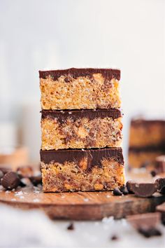 three bars stacked on top of each other with chocolate chips