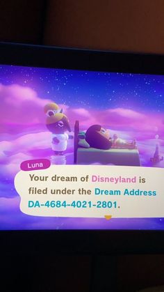 a tv screen showing an animated scene with the caption'your dream of disneyland is filed under the dream address '