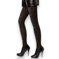 Bling Bling! Multicolor Rhinestone Tights placement on front only. Thicker, reusable tights! Choose between 2 colors! Darkest Black or Nude Spandex/Nylon Sizes: Small/Medium- Fits up to 145 pounds Fits up to 5ft 8 inches Large/XL- Fits up to 220 pounds Fits up to 6 ft 0 inches Details •Comfort tighter knitting in the front and extra stretch in the back • Flexible waistband designed to move with you• Built-in smoothing panty• Blackout Darkest Coverage - 100 Den Winter Party Tights, Party Tights With Rhinestones, Stretch, Party Tights With Rhinestones And Stretch Fit, Fitted Rhinestone Tights For Party, Winter Party Tight Hosiery, Winter Party Hosiery, Stretch Hosiery For Winter Parties, Stretch Winter Hosiery For Party, Fitted Multicolor Thigh High Tights