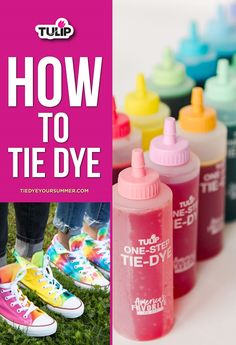 there are many different colors of shoes and the words how to tie dye on them