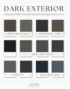 the dark exterior color palette for an interior painting project, with different shades and colors