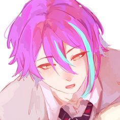 an anime character with pink hair and blue eyes wearing a shirt and tie, looking to the side