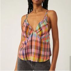 Free People Rainbow Plaid Halter Tank Top. New Without Tags! Totally Timeless In A Halter-Style Silhouette, This Perfectly Plaid Top Features A V-Neckline And Super Exposed Back For Added Dimension. Free People Tank Top, Plaid Crop Top, Cotton Crop Top, Halter Tank Top, Plaid Top, Tunic Tank Tops, Cropped Cami, Cami Crop Top, Tank Top Camisole