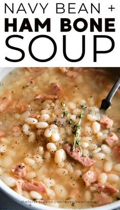 This Navy Bean Soup with Ham is a simple, hearty, and flavorful bean soup recipe filled with leftover ham and tender cooked navy beans. Perfect for lunch or dinner with a side of buttery bread. Southern Navy Beans And Ham, Navy Bean Ham Bone Soup, Navy Bean And Sausage Soup, Navy Bean And Ham Soup Stove Top, Navy Bean And Ham Soup Crockpot, Crockpot Navy Bean And Ham Soup, Navy Bean Soup With Ham Bone, Ham And Navy Bean Soup Recipes, Navy Beans And Sausage