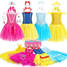 the princess dresses are all in different colors