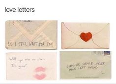 four envelopes with writing on them and one has a heart in the mail box