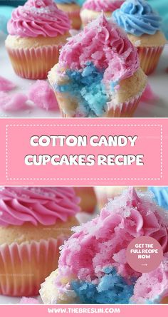 cotton candy cupcakes with pink, blue and white frosting on top are shown