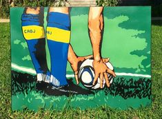 a painting of a person holding a soccer ball