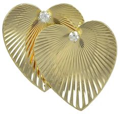 Lovely figural double heart pin. Made & signed by Tiffany & Co. Two overlapping 14K yellow gold hearts, engraved with deep deco lines. Each set with a full-cut faceted diamond. 1-1/3" x 1-1/3." Perfect for a woman with two children. Alice Kwartler has sold the finest antique gold and diamond jewelry and silver for over 40 years. Tiffany Setting, Antique Tiffany, Gold Heart Bracelet, Tiffany Diamond, Gold Hearts, Gold Pin, Heart Pin, Heart Diamond, Tiffany And Co