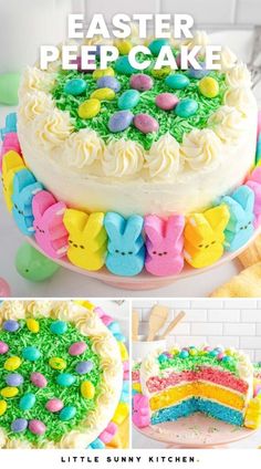 an easter peep cake is cut into pieces and placed on top of the cake