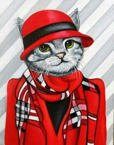 a painting of a cat wearing a red hat and scarf