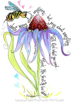 a drawing of a flower with a bee on it's head and some words written in