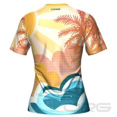 a women's shirt with palm trees and waves on it