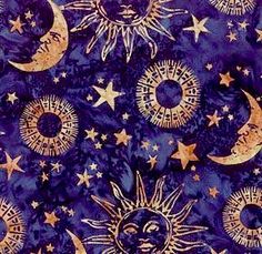 the sun, moon and stars are all over this blue sky with gold foil on it