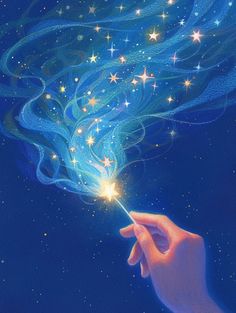 a painting of a hand holding a sparkler with stars in the sky above it