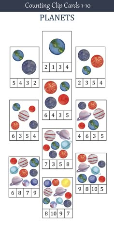 counting clip cards with planets and numbers for kids to learn how to count on them