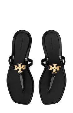 Make a playful retro statement with this carefree jelly sandal topped with polished logo hardware. Flat sole Synthetic upper, lining and sole Imported Bags Classy, Tory Burch Jelly Sandals, Designer Sandals Flat, Tory Burch Sandal, 2024 Aesthetic, Pretty Sandals, Aesthetic Board, Tory Burch Sandals, Beautiful Sandals