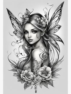 a beautiful fairy girl with flowers and butterflies on her head, in black and white