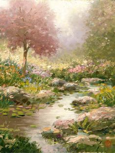 a painting of flowers and trees by a stream