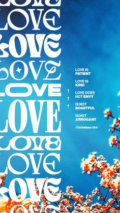 a poster with the words love, love, and love written in white on a blue background