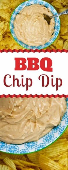 a bowl of bbq chip dip on a blue and white plate next to chips