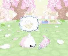 an animal is sitting on the ground in front of some pink flowers and trees with white clouds