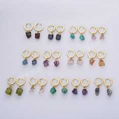 Birthstone Jewelry, Unique Jewelry, Natural Raw Gemstone Dangle Earrings, Gold Plated Hoop Earrings, Healing Crystal Stone Earrings, Birthstone Earrings, Boho Jewelry For Women & Men. Mother's Day Gift, Mother's Day Earrings Quantity: 1 pair  Material: Natural raw gemstones,gold plated on brass, Stone Size: 5~10mm approx. (different sizes) Color: Rainbow natural stone colors, silver Weight:2~3g Others: Stones are made of natural raw gemstones & crystals, each stone is different, so each pairs va Adjustable Gemstone Crystal Drop Earrings, Turquoise Earring, Raw Stone Earring, Natural Stone Earrings, Birthstone Earrings, Earrings Turquoise, Moonstone Earrings, Birthstone Earring, Raw Gemstones