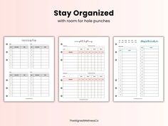 three planner pages with the words stay organized on them