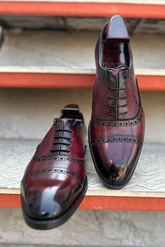 Burgundy lace-up punched oxford shoes with mirror glossed washed patina detailing and cap toe. - Aza Fashions Burgundy Oxford Shoes, Oxford Shoes For Men, Men Footwear, Oxford Shoes Men, Burgundy Lace, Shoes For Men, Shoes Men, Aza Fashion, Dress Shoes Men