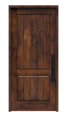 a wooden door with an iron handle on the top and bottom panel, in dark brown wood