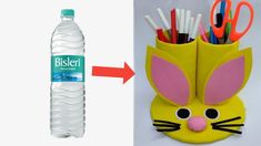 a plastic bottle with scissors and pens in it next to an image of a cat head