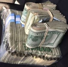 stacks of money are wrapped in plastic and sitting on the back seat of a car