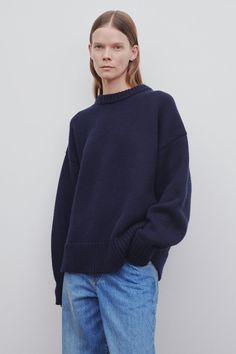 Ophelia Top Dark Navy in Wool and Cashmere – The Row Essentials Crewneck, Dark Blue Sweater, Towel Scarf, Wardrobe Style, Ribbed Neckline, Designer Jeans, Fall Wardrobe, Womens Fall, Crewneck Sweater