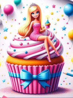 a barbie doll sitting on top of a giant cupcake