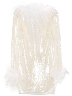 white mesh design sequin design concealed rear hook and zip fastening ostrich feather-trim detailing boat neck long sleeves open back mesh lining straight hem thigh-length Ostrich Feather Trim, Sequin Design, Feather Trim, Wardrobe Edit, Ostrich Feather, Demi Fine Jewelry, Iconic Bags, White Mesh, Boots Fall