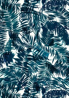 blue palm leaves against a white background