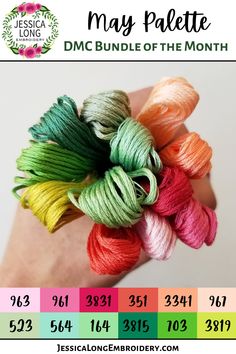 a hand holding several skeins of yarn with the price tag for may palette dmc bundle of the month