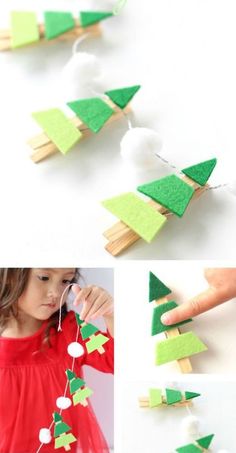 a collage of photos showing how to make christmas tree garlands with clothes pins