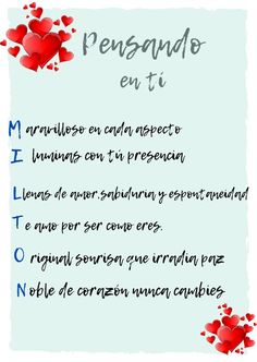 a poem written in spanish with red hearts on it and the words'i love you '